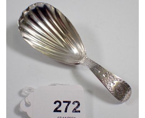 A bright-cut engraved silver caddy spoon with shell bowl, London 1791 by IP