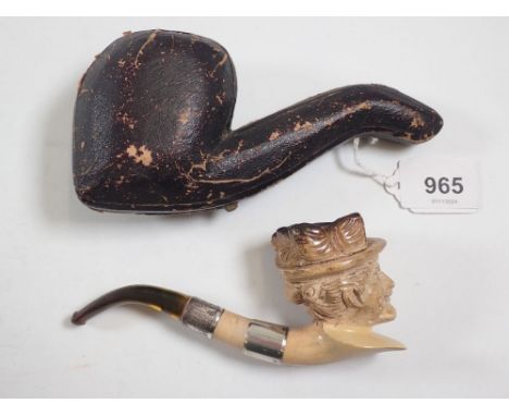 A large amber and meerschaum pipe with carved ladies head wearing a hat and silver mounts, Birmingham 1903 - cased