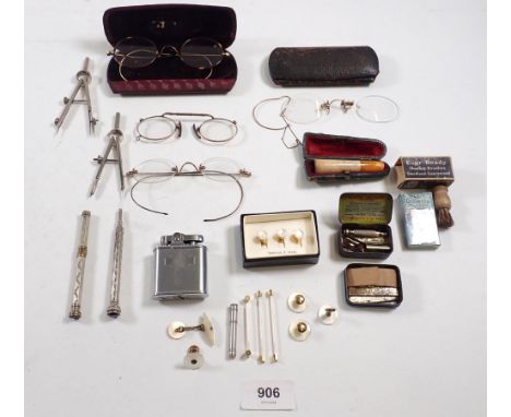 Various collectables including four pairs of yellow metal spectacles, razors, cheroot holder, studs, pencils, lighter etc.