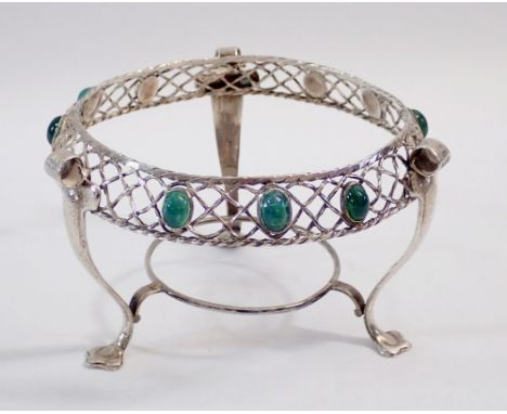 An Arts &amp; Crafts silver stand set with nine chrysoprase stones, London 1911 by Omar Ramsden &amp; Alwyn Carr, largest dia