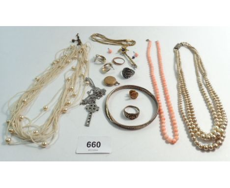 A box of costume jewellery including silver marcasite ring, coral necklace and earrings etc.