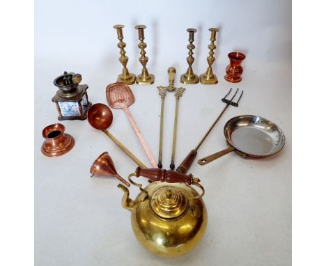 A box of brass and copper including kettle, coffee grinder, funnel and skimmer etc