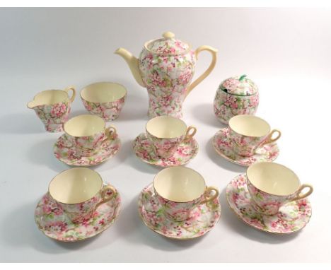 A Shelley coffee service printed blossom No 13483 Maytime comprising coffee pot, six cups and saucers, milk, sugar and preser