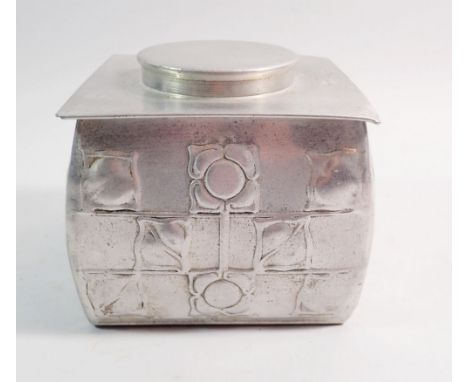An N C Joseph embossed aluminium Arts &amp; Crafts tea caddy in the style of Archibald Knox, 12cm square