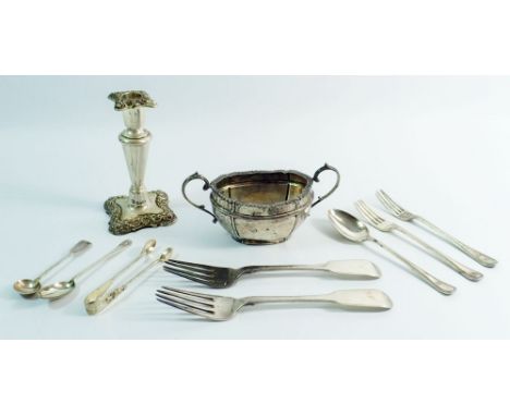 A group of various silver including two Georgian fiddle pattern forks, Glasgow 1821 by Mitchell &amp; Russell, sugar tongs, f