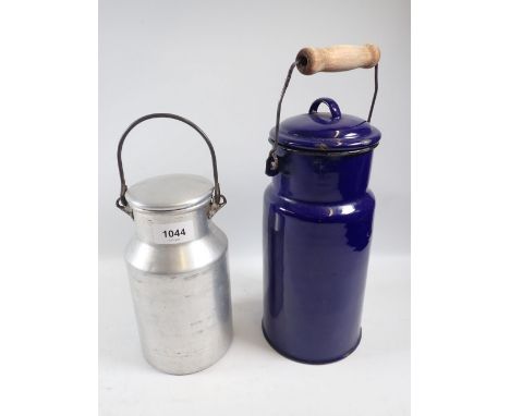 A blue enamel milk churn together with an aluminium churn, largest 28cm