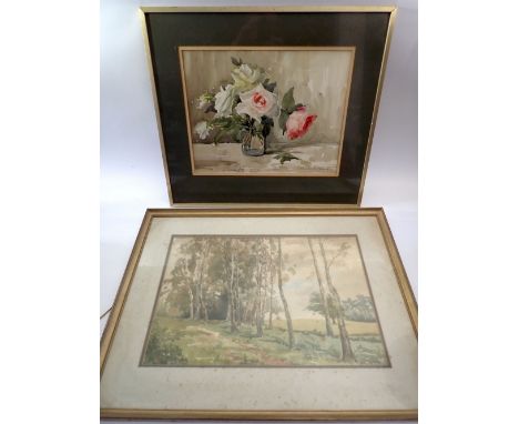 Joan Ridout - watercolour silver birches, 32 x 48cm plus a watercolour still life roses, 31 x 40cm
