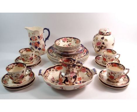 A group of Mason's Mandalay comprising:- ginger jar and cover, vegetable dish, two jugs, four dessert bowls, six dinner plate