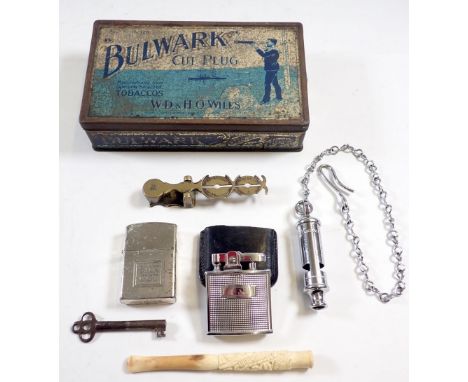 A group of collectables including sovereign scales, lighter etc.
