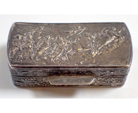 A silver snuff box embossed Apollo &amp; The Dawn, 4cm wide, import mark 1981
