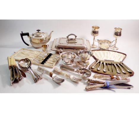 A box of silver plated items including Harrods entree dish 