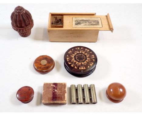 A Tunbridge ware snuff box, cochea nut pomander, tortoiseshell finish compact and two turned wood miniature boxes etc.