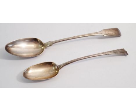 A large George III silver serving spoon, London 1805 by T H &amp; an Onslow pattern tablespoon, London 1830, 219g
