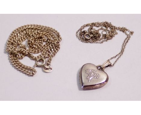 A silver heart form locket and silver chain 