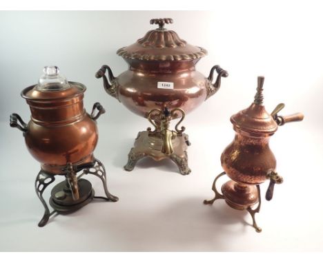 An American copper coffee percolator, a Victorian copper and brass bombe form samoval, 40cm tall and an Arts &amp; Crafts or 