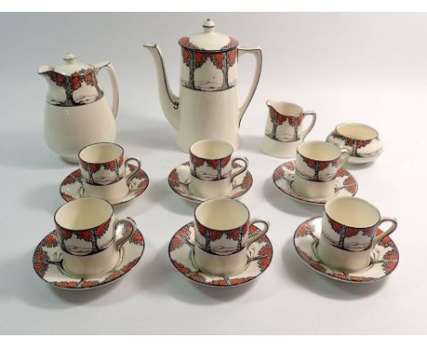 A Crown Ducal Orange Tree coffee set comprising coffee pot, water jug, six cups and saucers, jug and sugar - one cup with chi