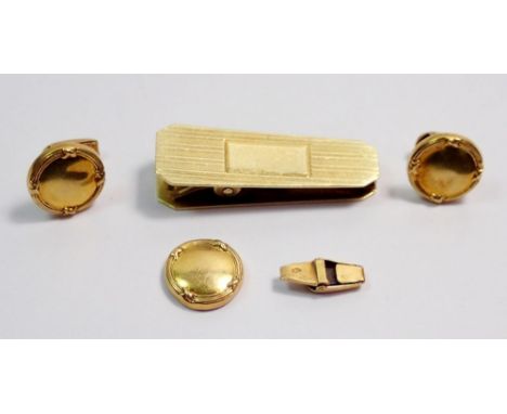 A 14 carat gold small money clip 4.8g and three 18 carat gold studs, one a/f, 2.4g