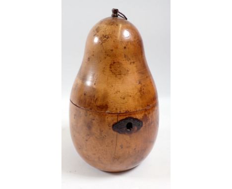 A Georgian treen pear form tea caddy with hinged lid, 18cm tall