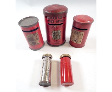 A Wireless Licence #1 saving bank for 6D coins, a Magic pocket savings bank for 6D coins and three small tin Royal Mail post 
