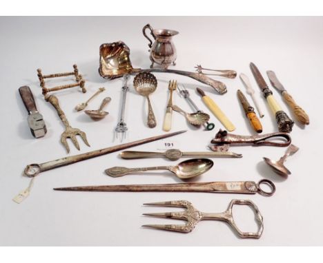 A group of silver plated and other items including a paper knife with crown design top, various caddy spoons etc.