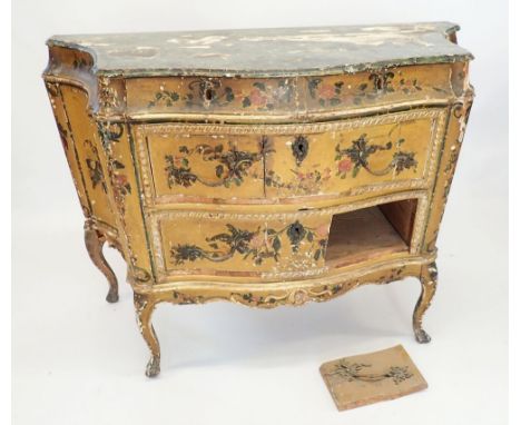 An 18th century Italian painted bombe form commode with faux marble top and slender curved supports, in need of restoration -