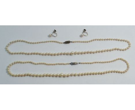 Two cultured pearl necklaces with silver clasps and pearl earrings 