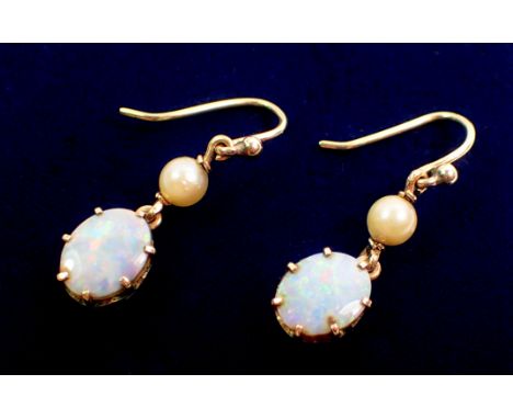 A pair of 9 carat gold opal and pearl pendant earrings, 2.5cm drop