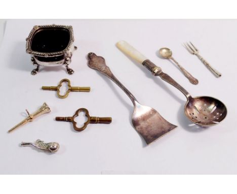 A small group of silver and silver plated items including white metal seal, miniature fork, bosuns whistle etc.