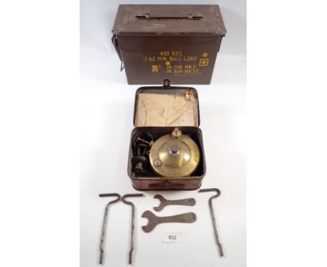 A Primus stove, cased and an ammunition box '7.62 MM Ball LZAZ', 30cm wide