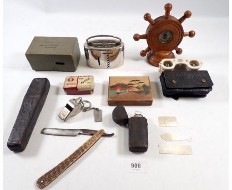 A group of collectables including Barclays home bank, cut throat razor, an Acme railway whistle marked BR and a Victorian gla