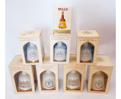 Eight Bells Whisky commemorative ceramic bells including 60th Birthday Queen Elizabeth, birth of Prince William, Charles and 
