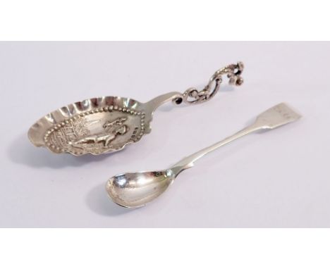 A silver mustard spoon, Exeter 1846, 12.5cm long and a Dutch export spoon embossed poacher, Sheffield 1897