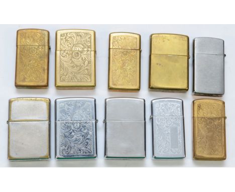 Zippo Lighters (10), to include one engraved, 'we love you papa'. One engraved 'Frank'. One engraved with initials JK. 