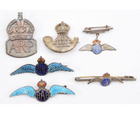 Four silver and enamel R.A.F sweetheart brooches, an A.R.P. silver badge and a silver Durham Light Infantry brooch, 30gm 