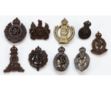 WWII Plastic Military Cap Badges (9), to include Royal Corps of Signals, Royal Army Medical Corps and Army Catering Corps. 