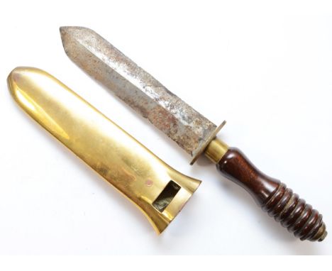 British Royal Navy Divers knife, probably by Siebe Gorman,  with double edged 19cm blade, brass crossguard and hard wood hand