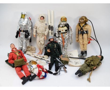 A collection of six action man figures and accessories, including a range of clothes and weapons, circa 1960s.Two of the figu