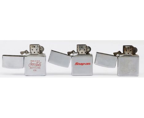 Zippo lighters (3) stainless steel, to include Snap-on, and Coca-Cola. 