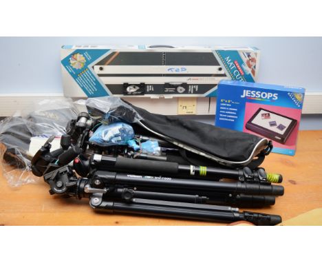 Four camera tripods, together with a Jessops light box, a light tent and a mat cutter 