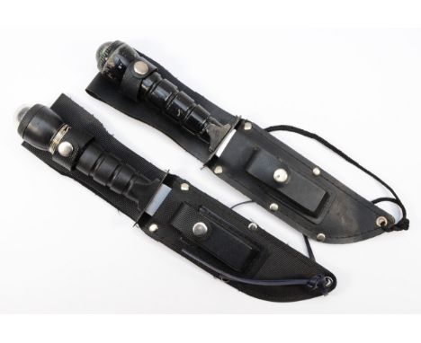 Two hunting knives with 15cm blades and compass to the tip of the handle, scabbards 