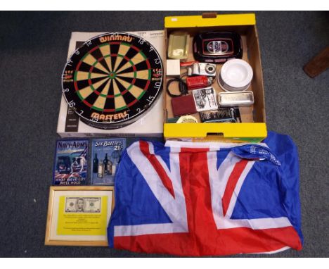 A good mixed lot to include a Winmau bristle dartboard in original box, a quantity of pub ashtrays, beer mats, a set of Unico