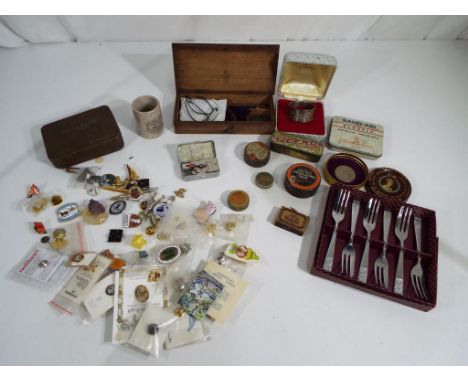 A quantity of advertising pin badges, vintage tins, plated ware and a weighing balance and a ceramic advertising marmalade po