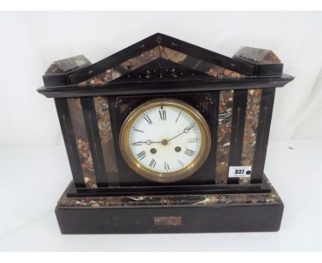 A French black slate and marble mantel clock of architectural form with pendulum and key, 30.5 gm (h)  - This lot MUST be pai