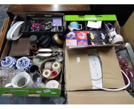 Two boxes containing a mixed lot to include costume jewellery, a ceramic electric kettle, four Rosenthal Studio Line designer