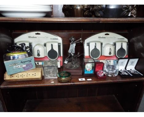 Two sets of wireless speakers by Pod Sound sealed in blister packs, a novelty figure made from bolts, a Clem vintage travelli