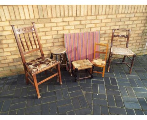 A good mixed lot of furniture to include two chairs, a stool, a card table, a child's chair and similar - This lot MUST be pa