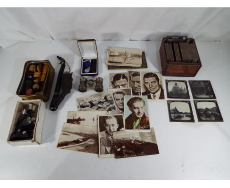 A good mixed lot to include a miniature microscope, approximately 30 Magic Lantern slides, a quantity of wooden gaming counte