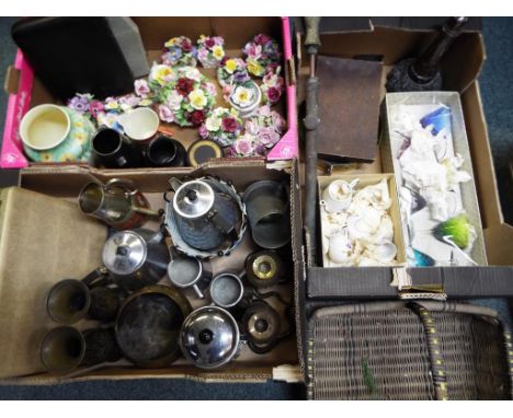 A good mixed lot to include a quantity of metal ware, plated ware, ceramic flowers, Royal Commemorative, a vintage Florists F