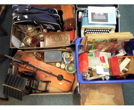 A good mixed lot to include three wooden boxes, a cased carving set, two British Airways flight bags, plated ware, Wedgwood J
