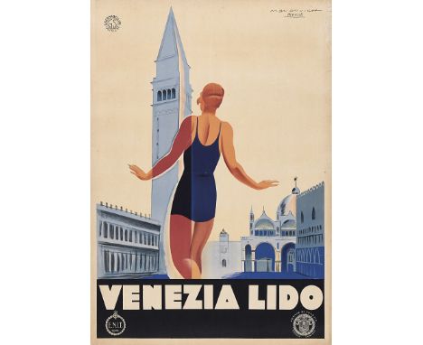 Lido di Venezia. Marcello Nizzoli e Marcello Dudovich Litografia, 1933. G. Scarabellin, Venezia, cm 100x70. Qualità: B..  Lid